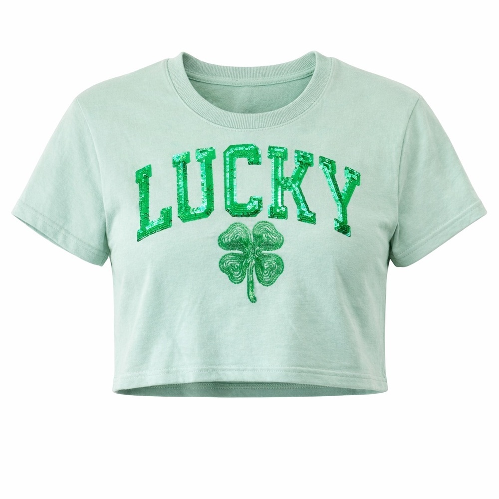 NWOT Women’s Goodie Two Sleeves Lucky St. Patrick’s Day Cropped Sequin Shirt S/M